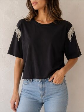 Veronica Beard Black Rhinestone Fringe Crop Tee